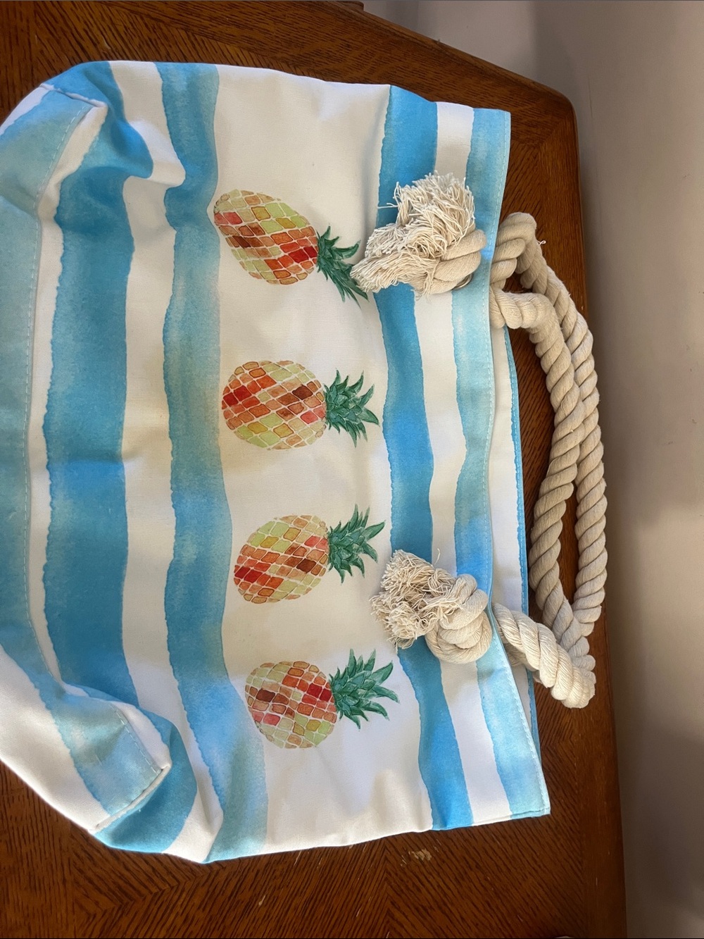 Striped Pineapple Beach Tote in Aqua and White